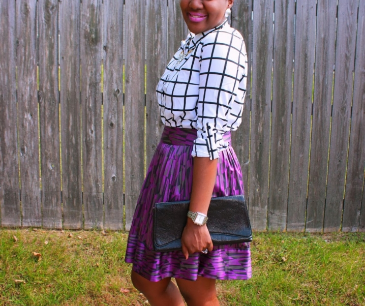 Windowpane Shirt + A Purple Printed Skirt