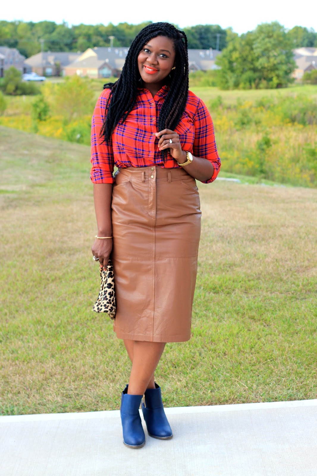 Tartan Shirt Camel Leather Skirt Chioma Brown