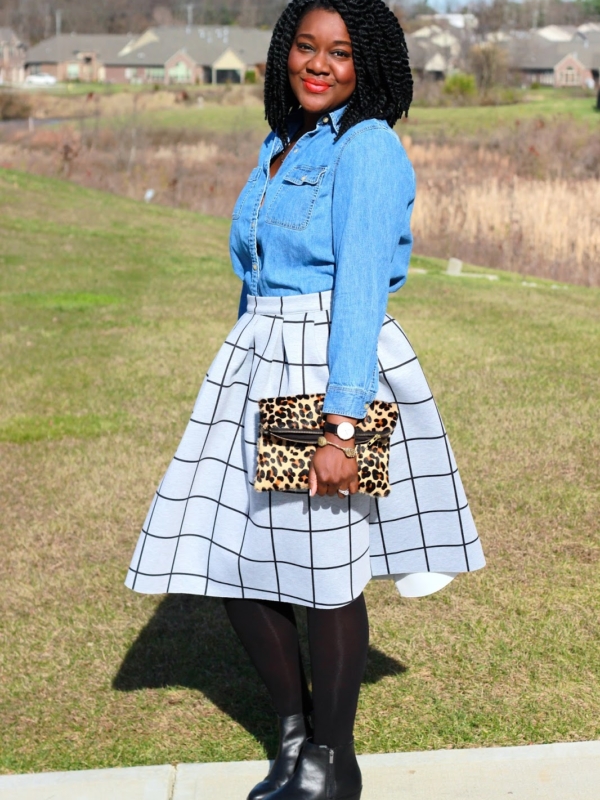 Grid Print Skirt + Chambray Shirt